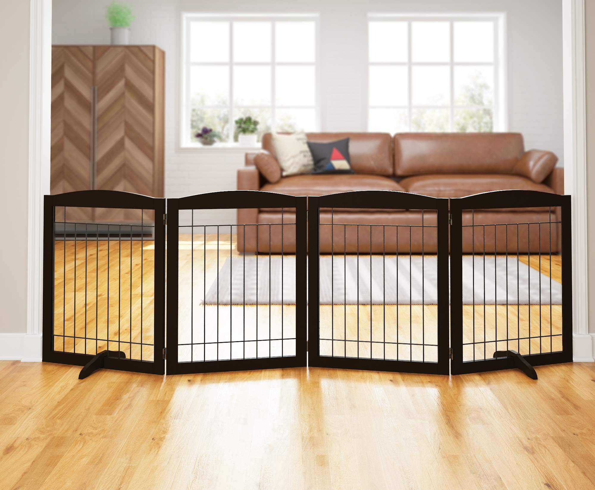 PAWLAND dog gate fully extended across a doorway showing wide-area containment