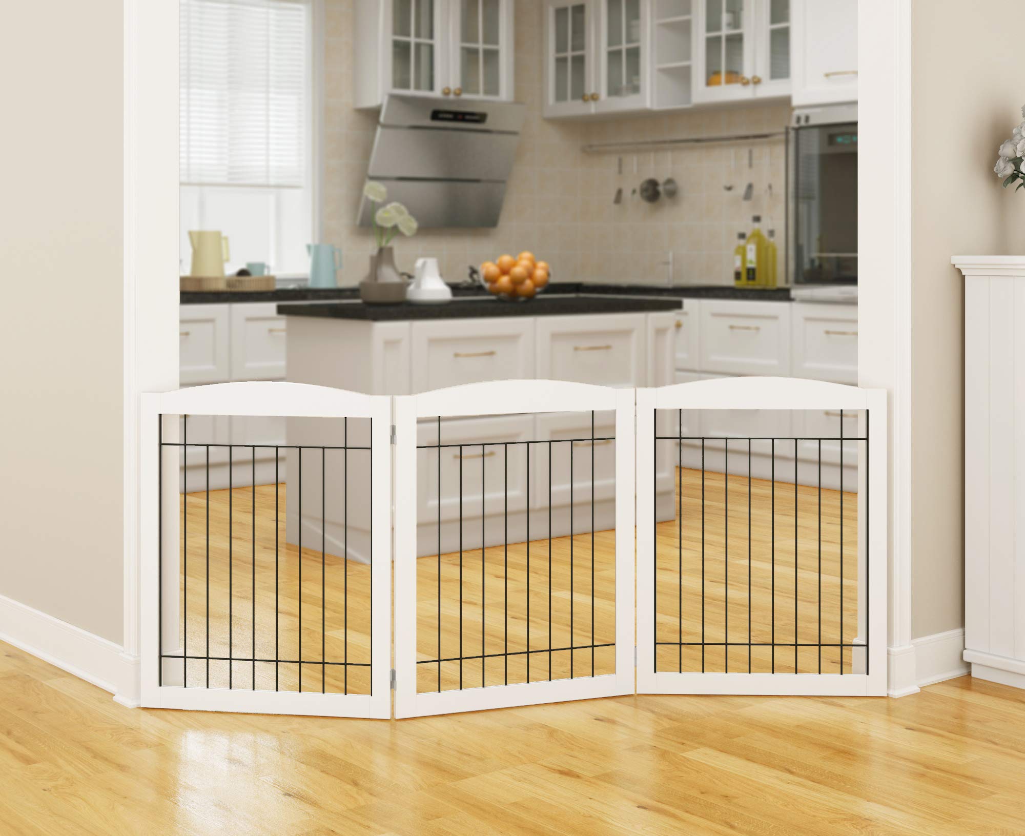 PAWLAND dog gate weighs 20 pounds for stable portable use.