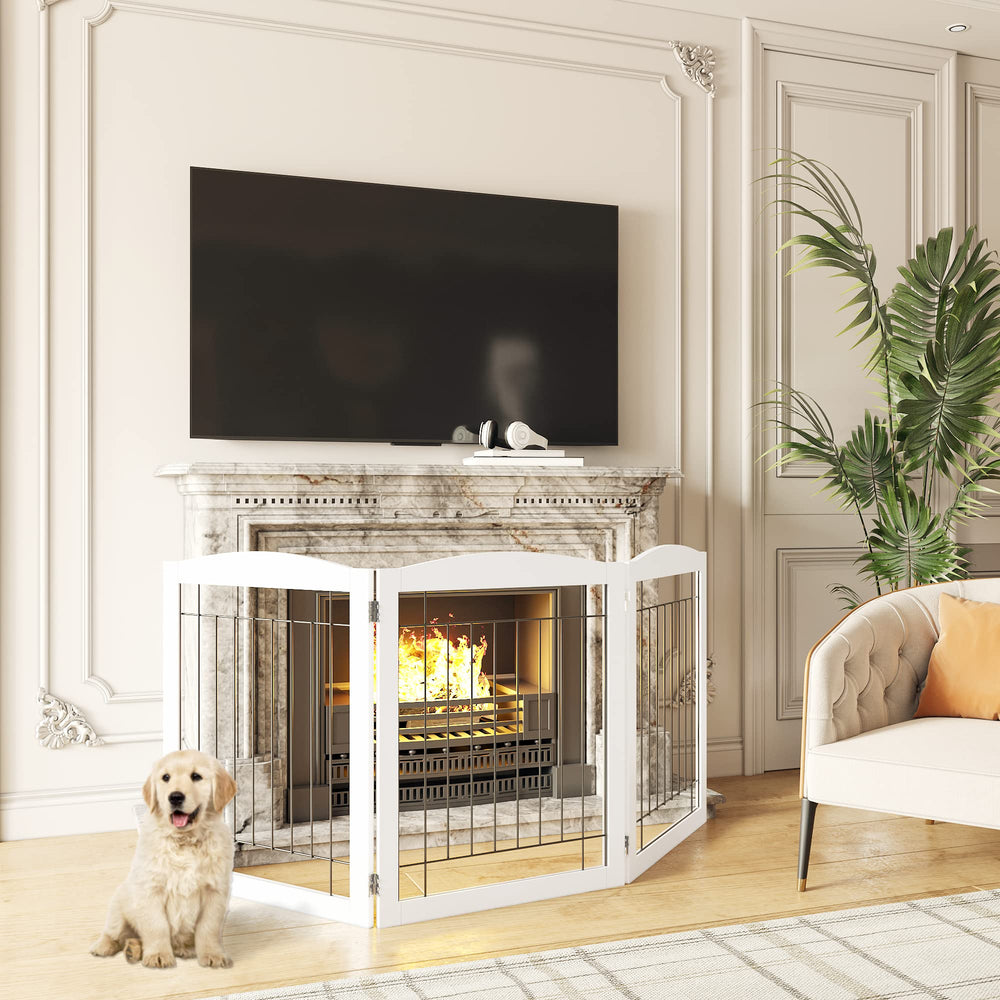 PAWLAND freestanding gate stands securely without mounting hardware.