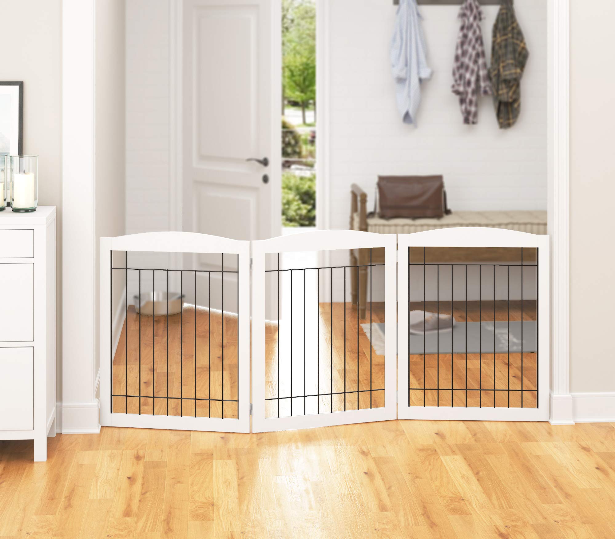 PAWLAND gate shown on stairs and rooms to keep pets safe.