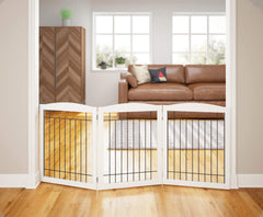 PAWLAND Extra Wide Dog Gate unfolded in accordion form for easy hallway access control.