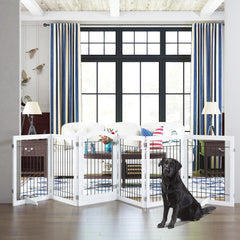 PAWLAND freestanding wood and wire gate shown as a stable wall-free setup.