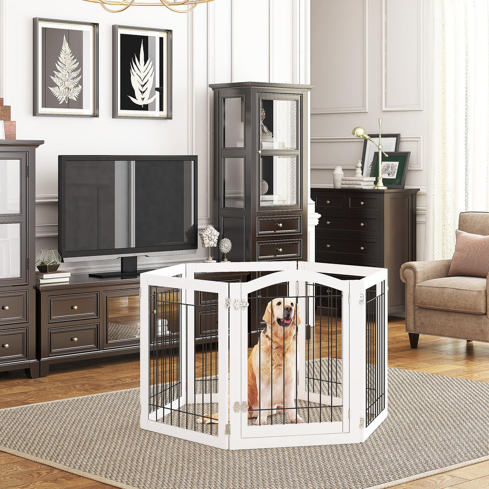 PAWLAND white gate in doorway illustrates unobtrusive pet containment.