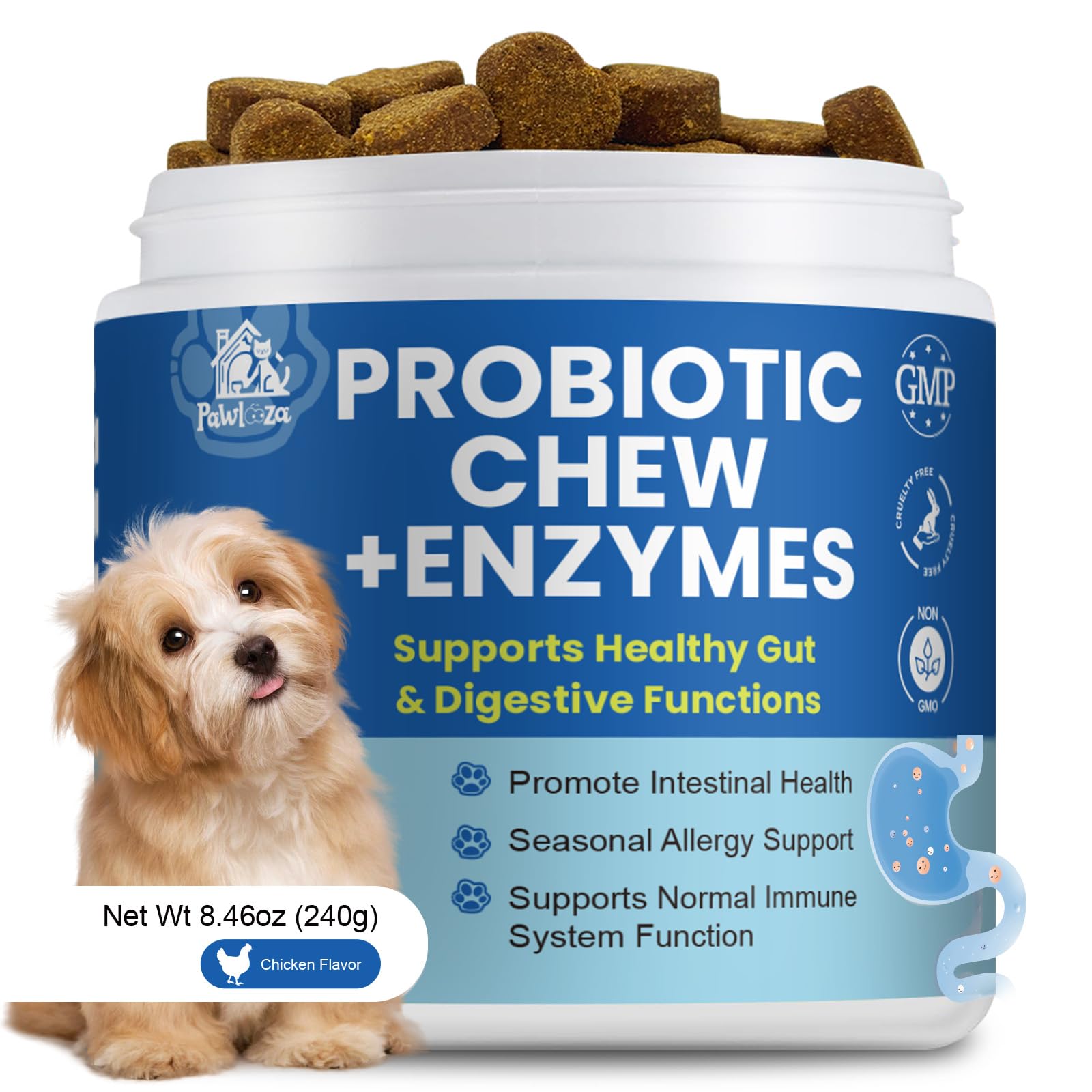 Pawlooza probiotics dog allergy chews bottle shows daily gut balance and skin comfort.
