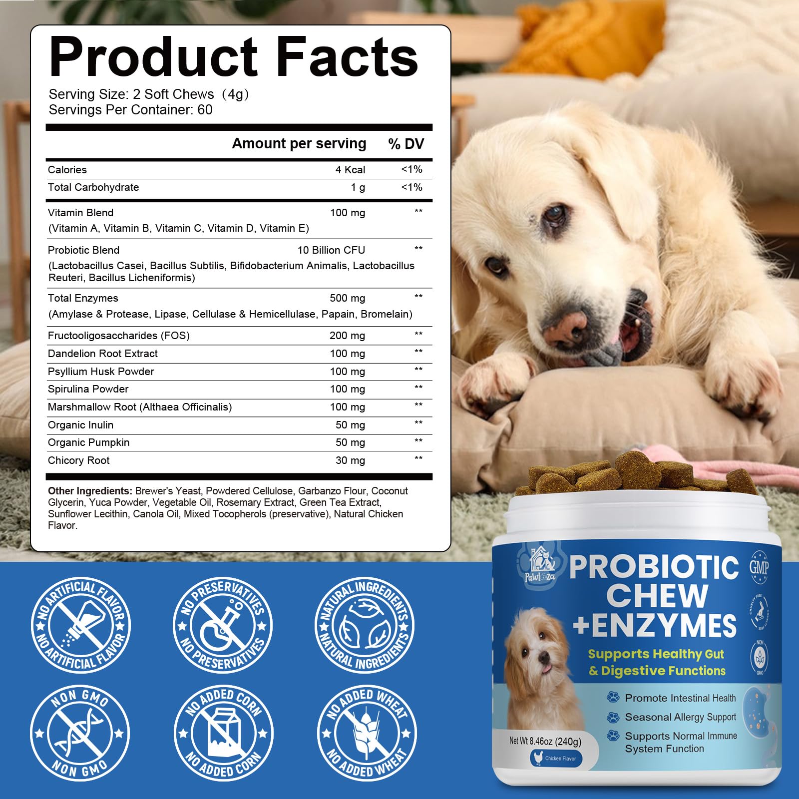 Pawlooza probiotic chews show vitamin blend supporting immune resilience and vitality.