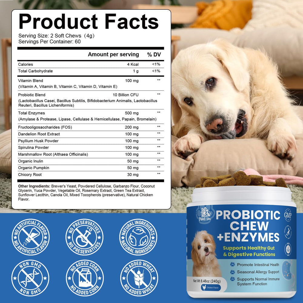 Pawlooza probiotic chews show vitamin blend supporting immune resilience and vitality.