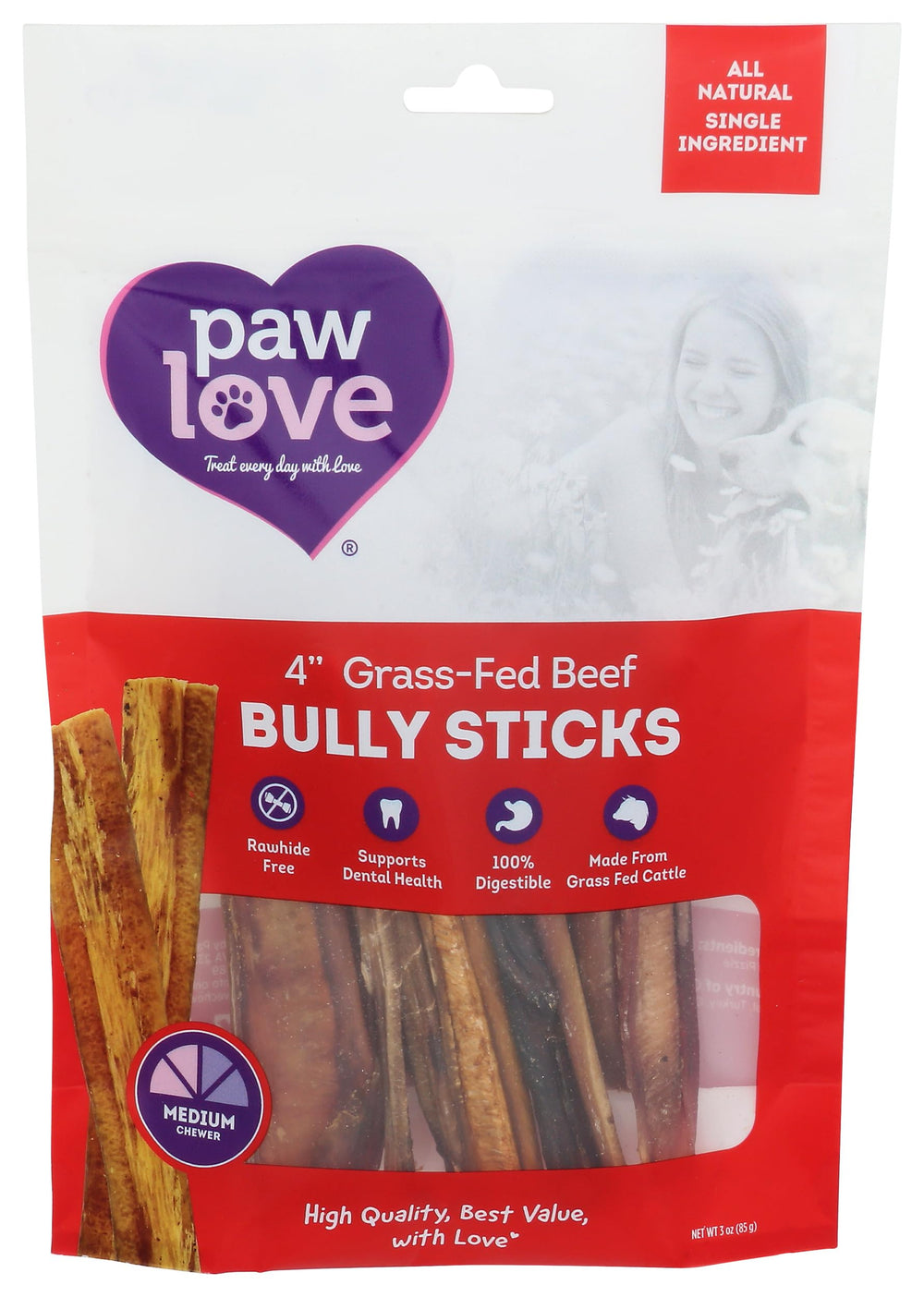 PawLove bully dog chew 4-inch beef stick closeup highlighting natural grass-fed flavor for long-lasting play