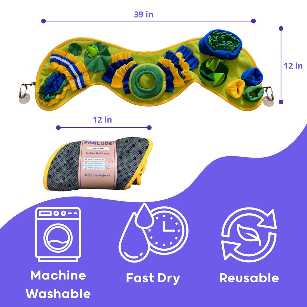 PAWLUDE snuffle mat machine-washable design simplifies quick cleanup.