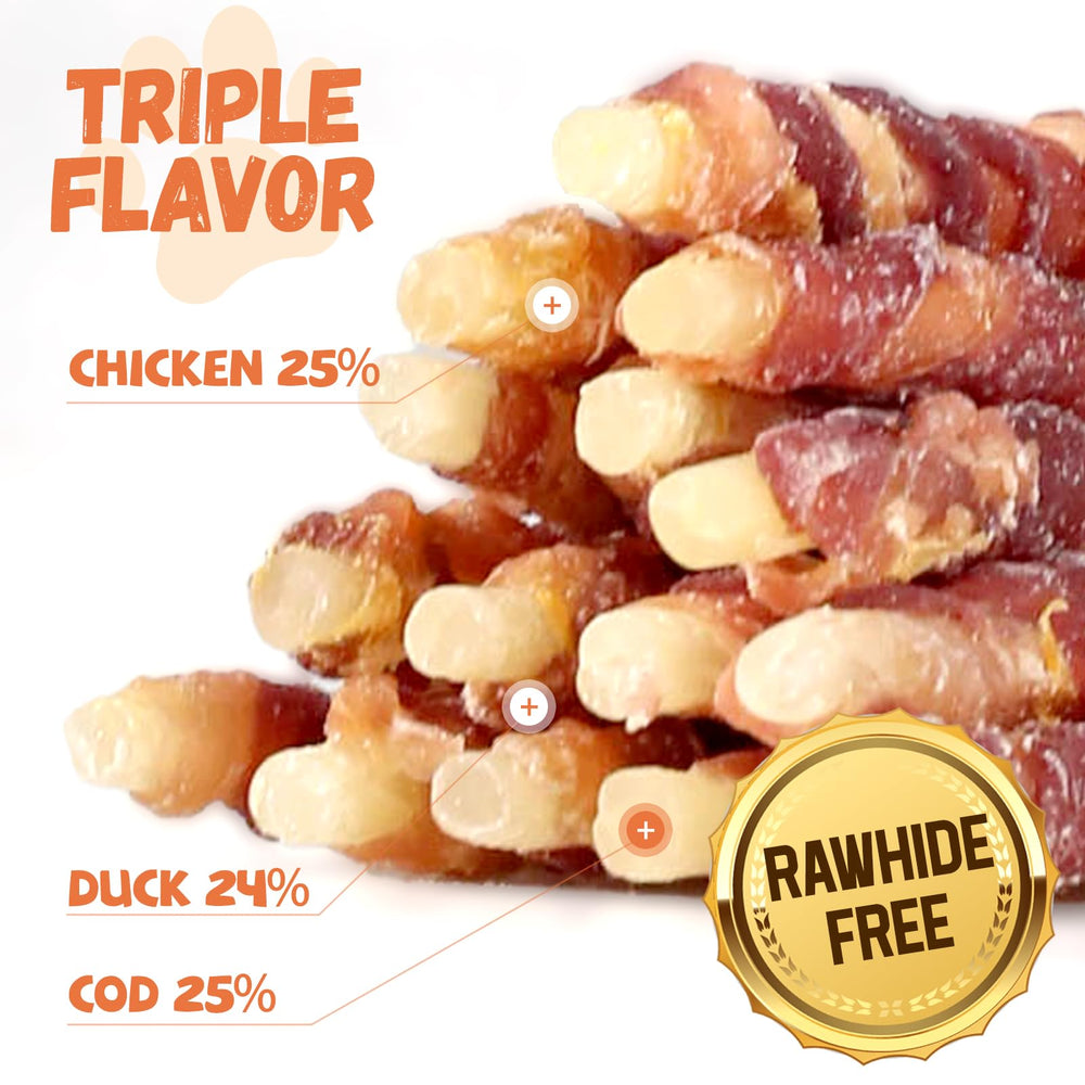 Pawmate chicken-duck-wrapped cod stick close-up shows protein-rich, rawhide-free chew.