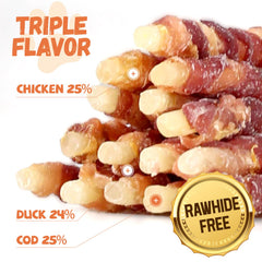 Pawmate chicken-duck-wrapped cod stick close-up shows protein-rich, rawhide-free chew.
