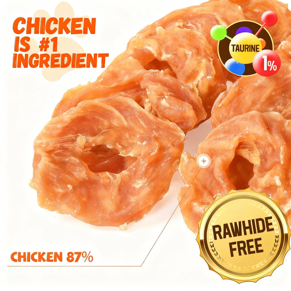 Pawmate chicken jerky rings closeup highlights chewy texture ideal for training rewards.