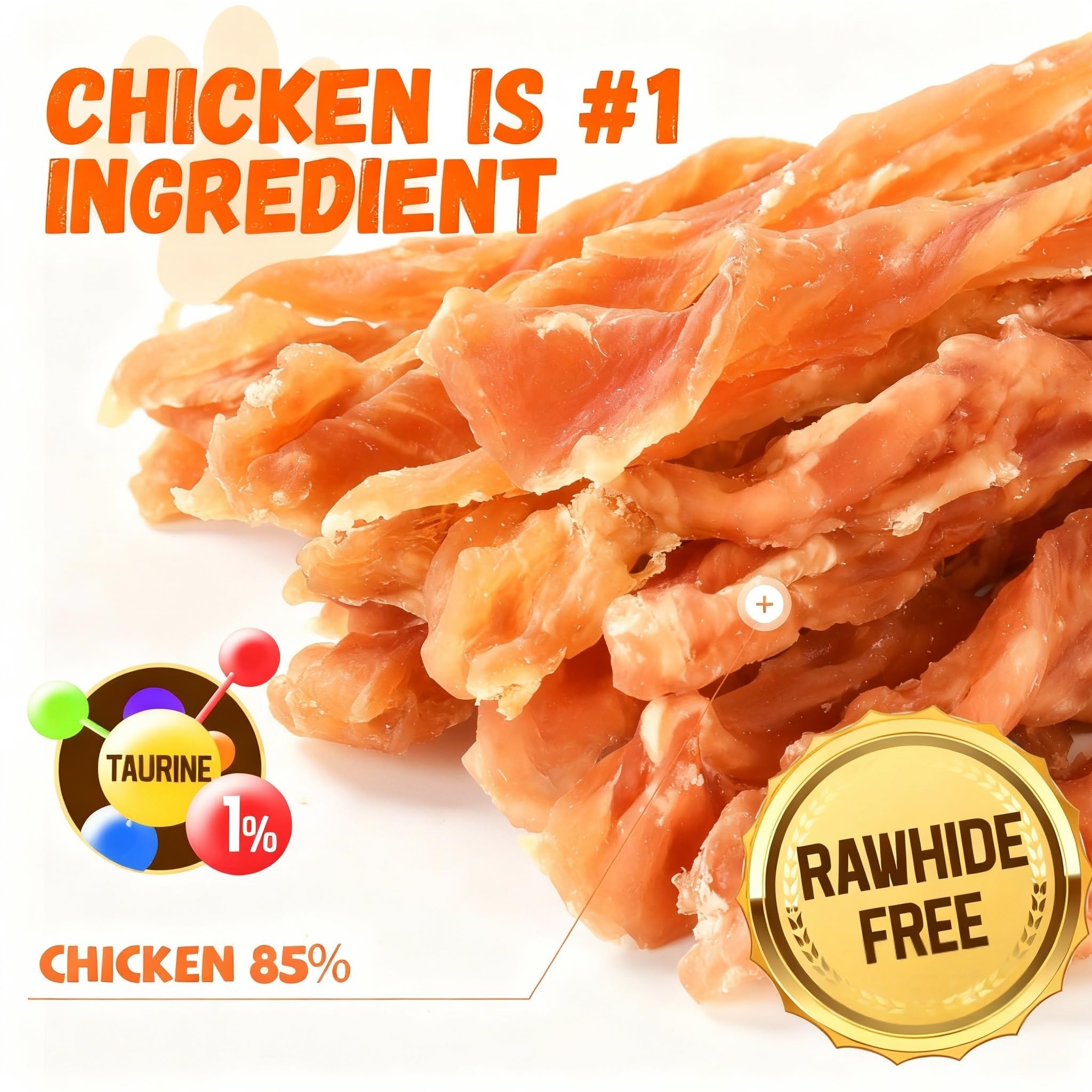 Pawmate chicken jerky strip closeup highlights chewy texture ideal for training rewards.
