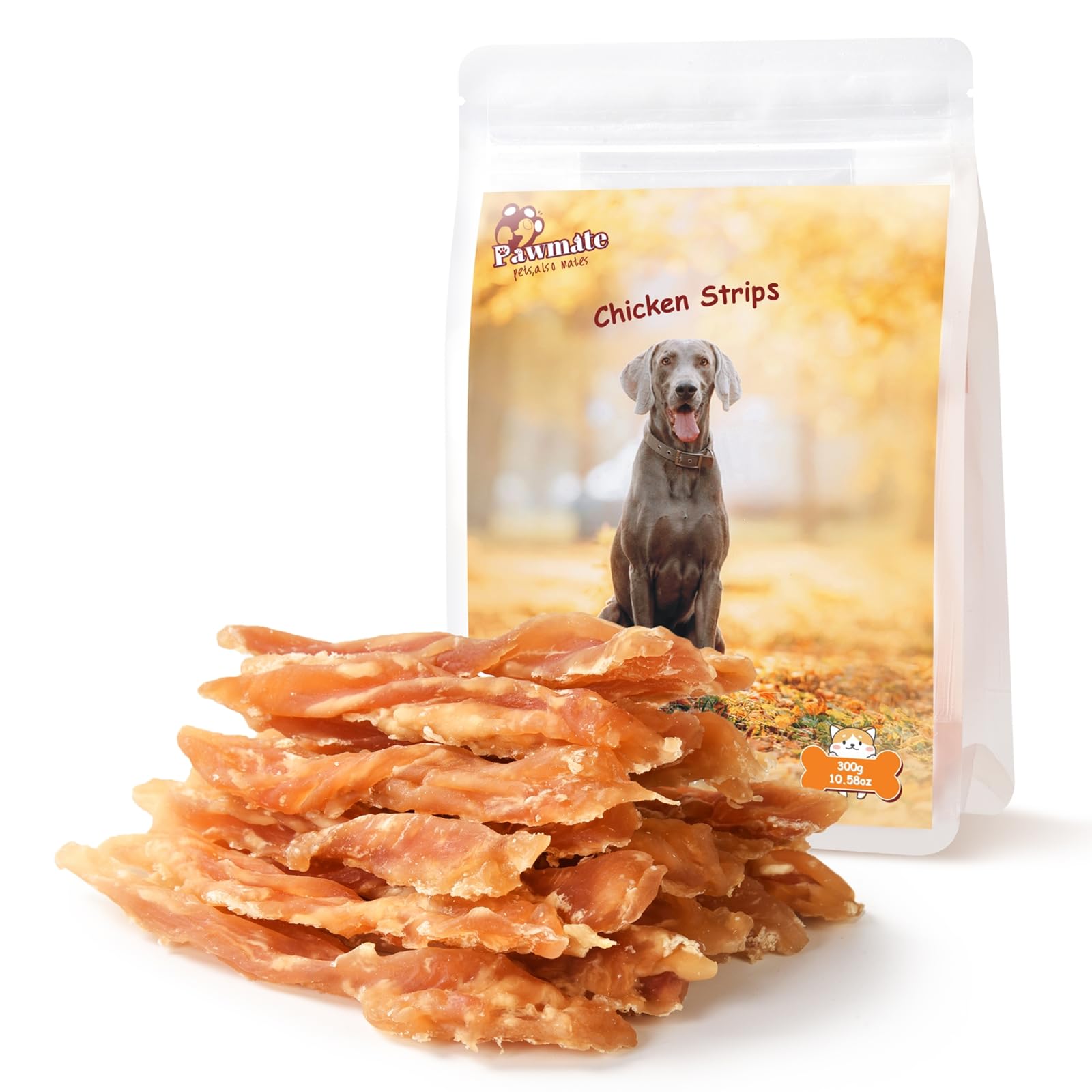 Pawmate chicken jerky strip packaging shows premium natural treats for training rewards.
