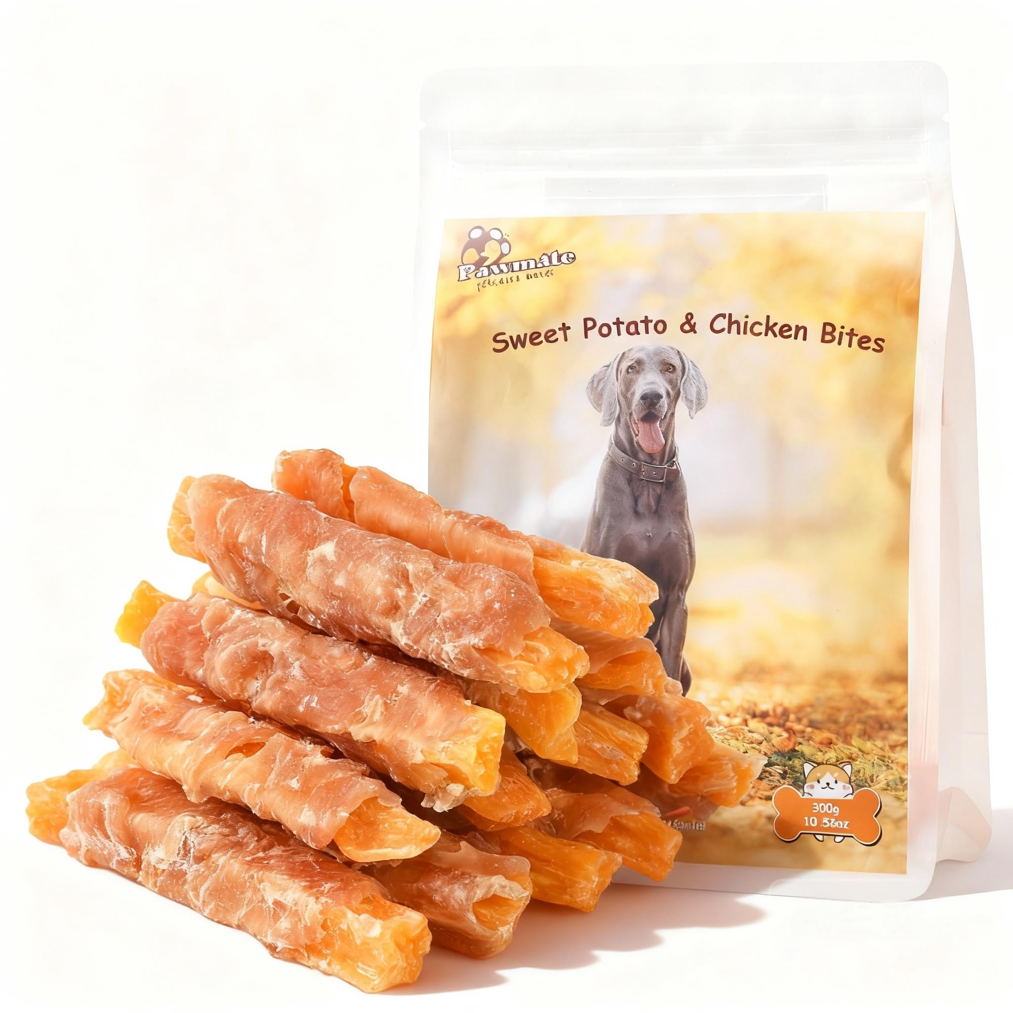 Pawmate chicken jerky wrapped sweet potato bundle—perfect chewy reward for training sessions.