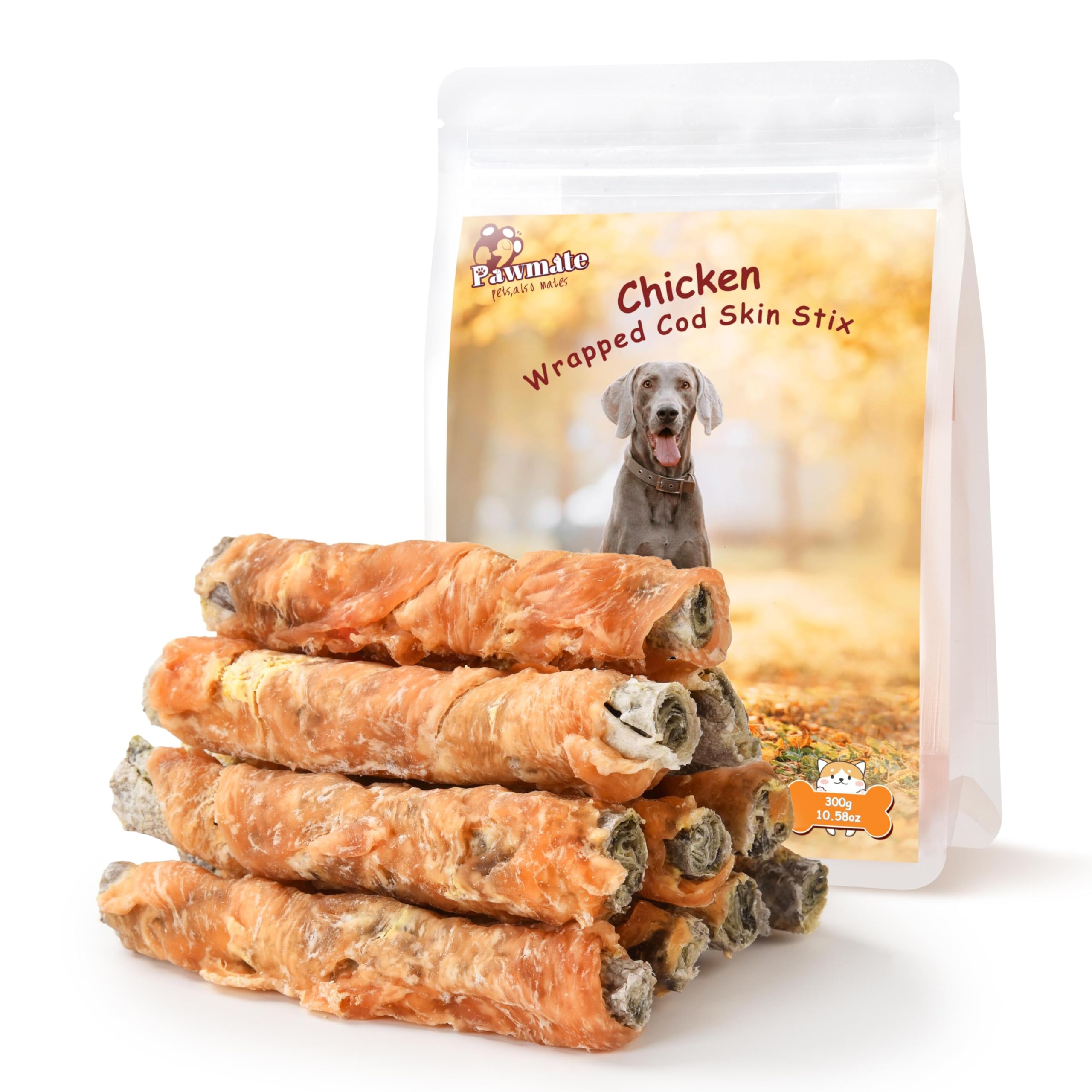 Pawmate chicken-wrapped cod stick close-up showing protein-packed snack for dogs