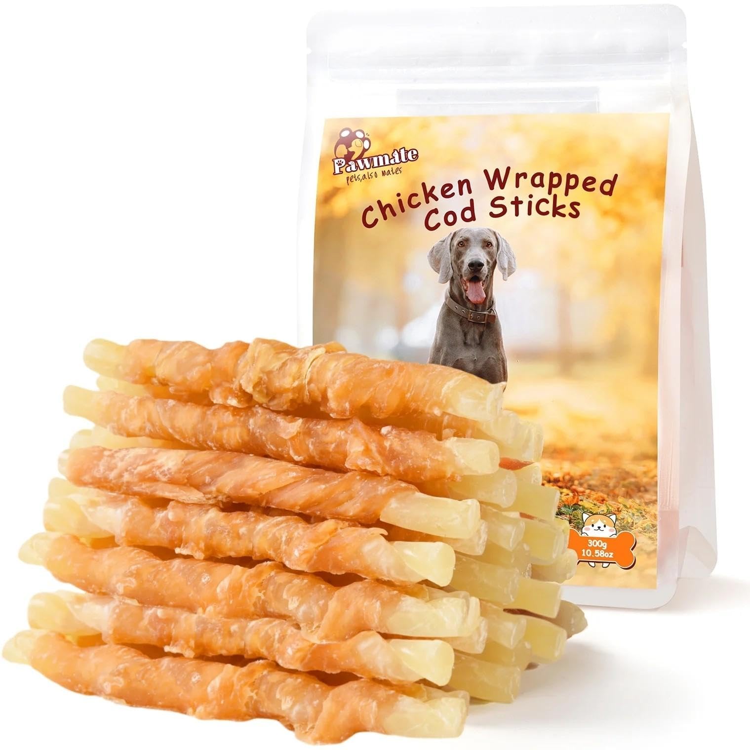Pawmate Chicken Wrapped Cod Sticks hero image shows tasty natural treats for dogs
