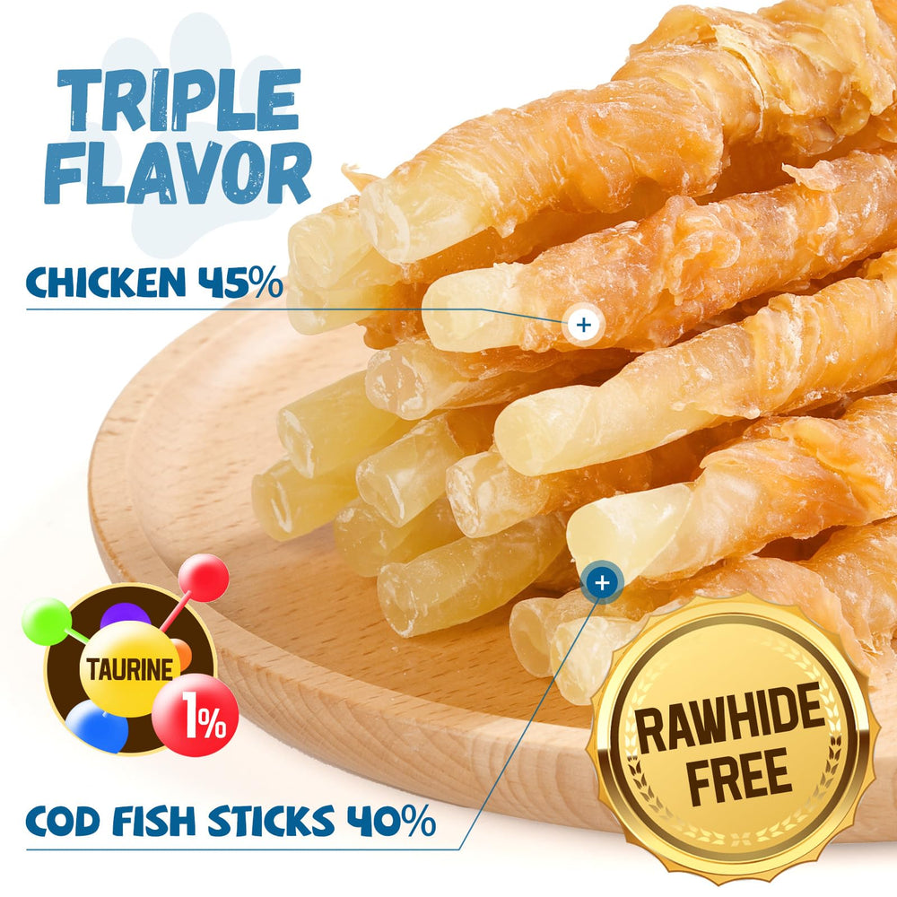 Pawmate Chicken Wrapped Cod Sticks pack shot highlights convenient training rewards