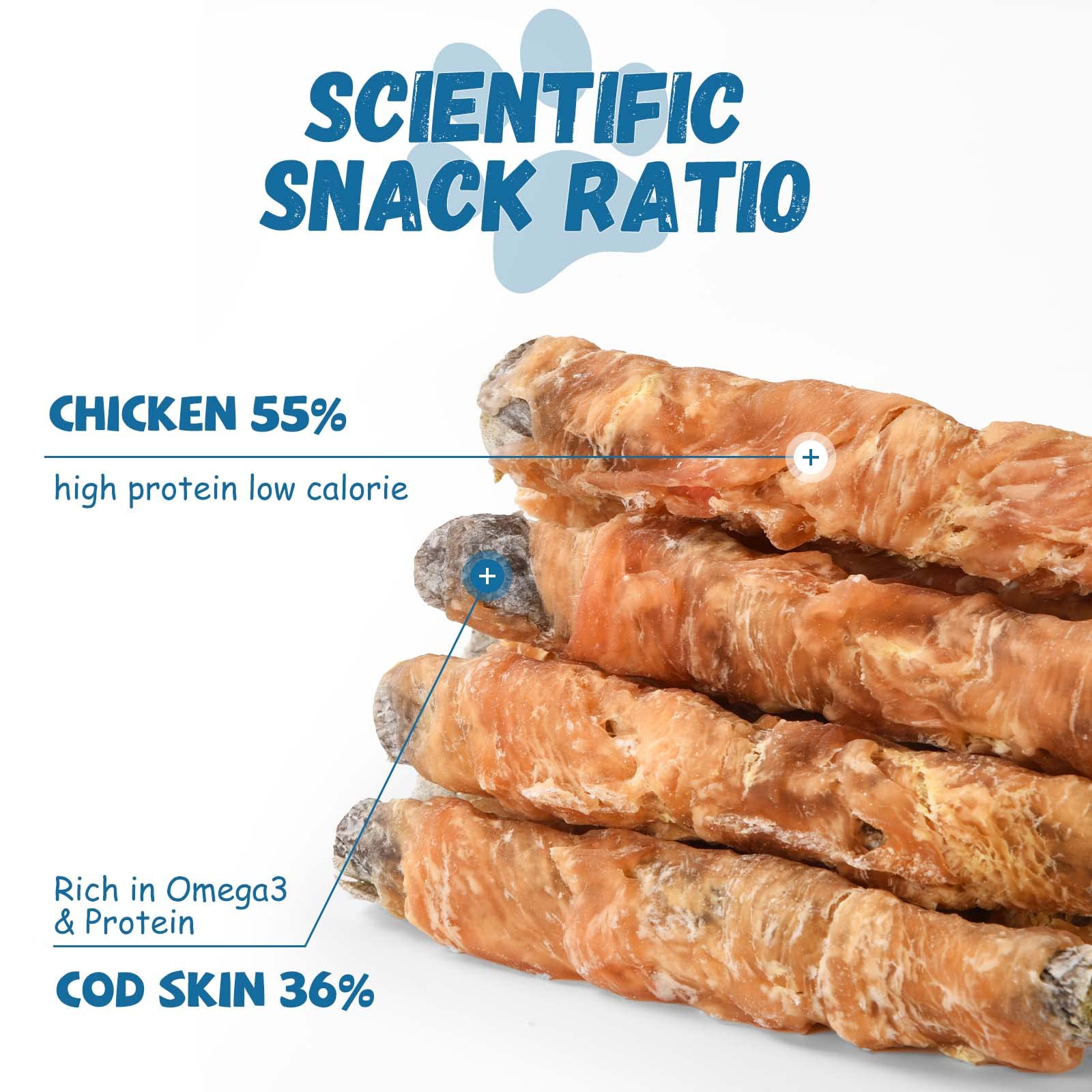 Pawmate cod-skin sticks in use, a durable chew for dental health