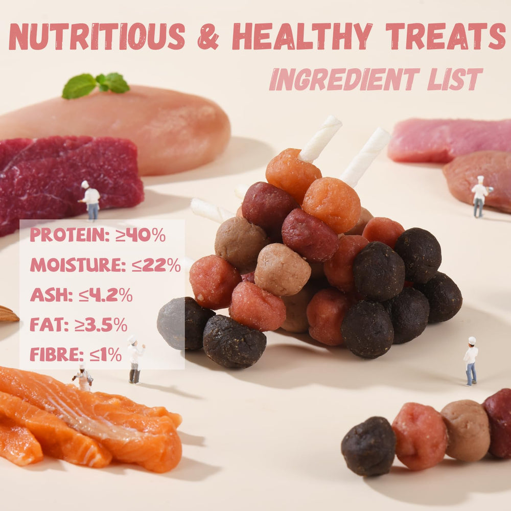 Pawmate kabobs variety image shows multi-protein bites from chicken, duck, salmon, beef and rabbit