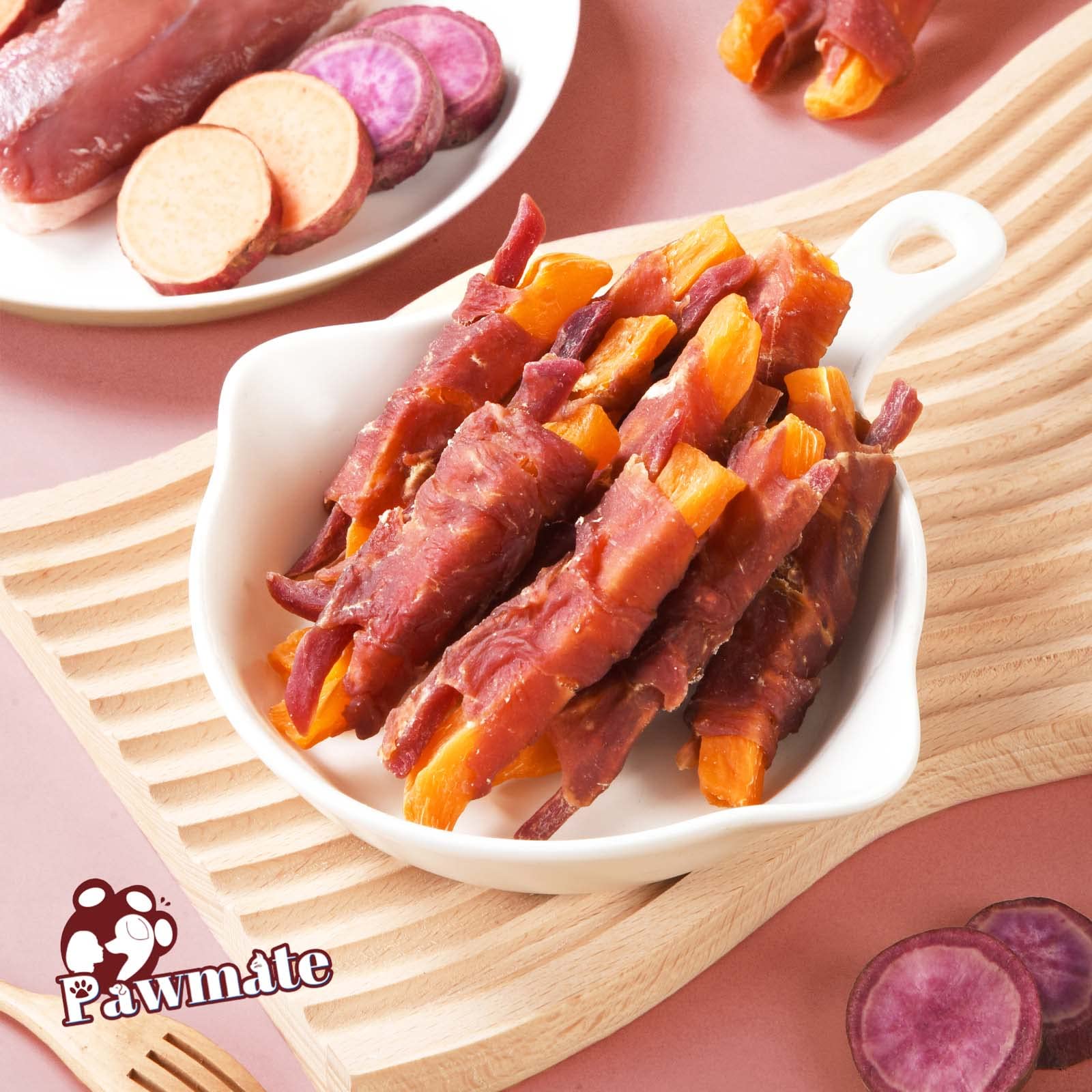 Pawmate pato doble wrap batata morada, opción baja en grasa para perros.