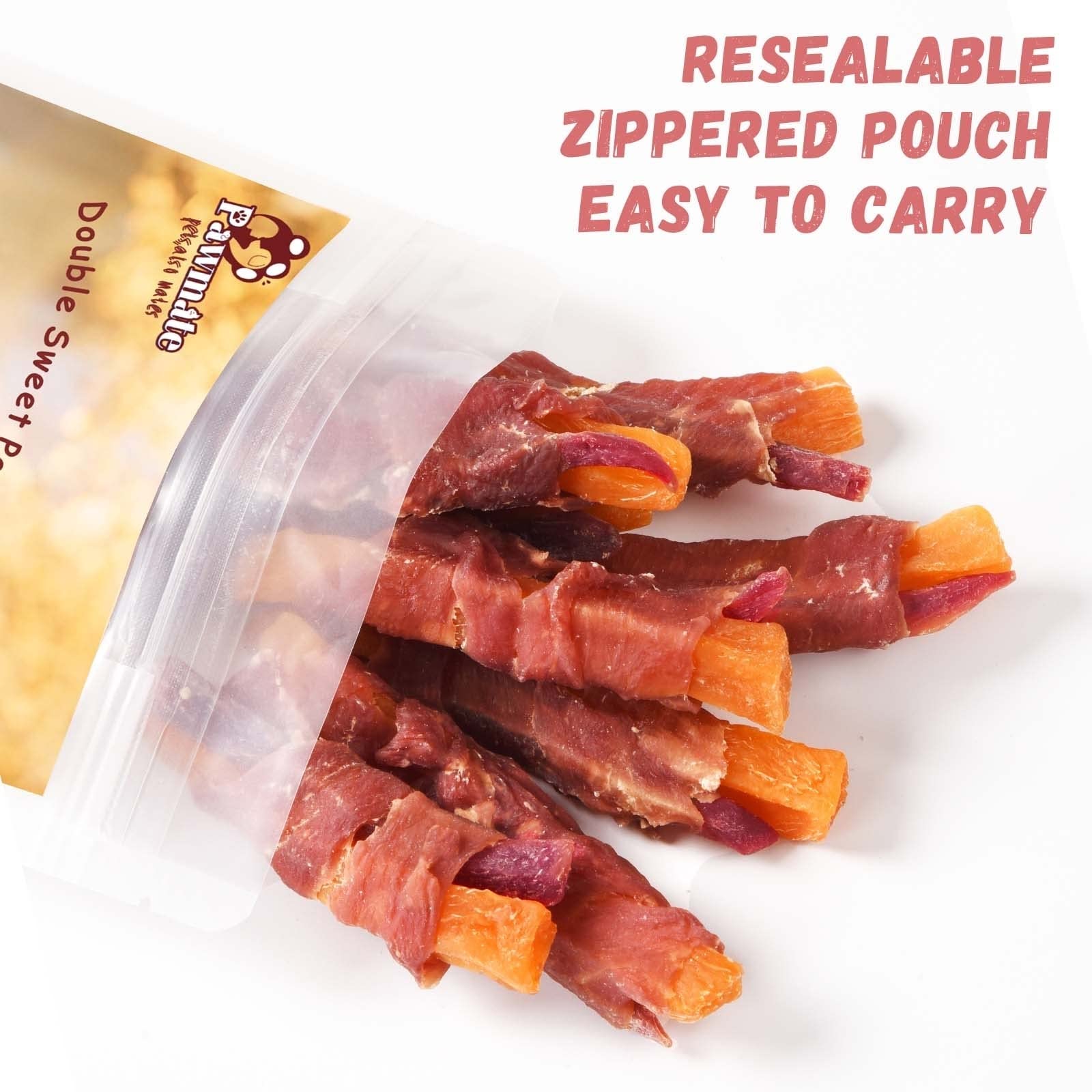 Pawmate pato doble wrap batata morada, snack como premio para perros.