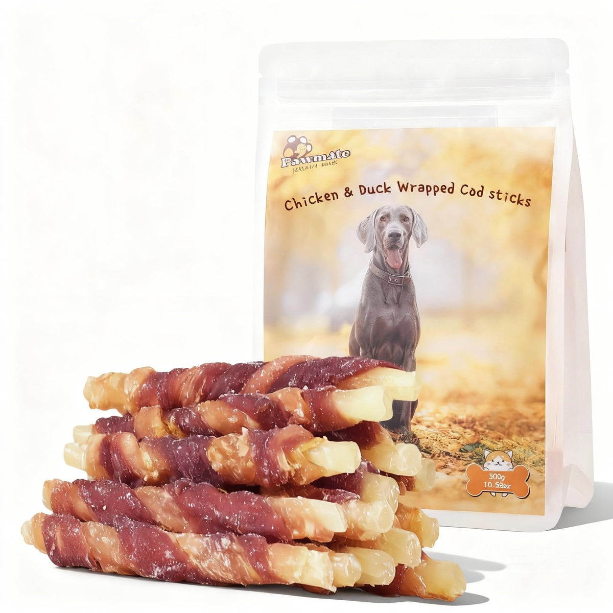 Pawmate triple-flavor packaging highlights natural ingredients and grain-free formula for dogs.