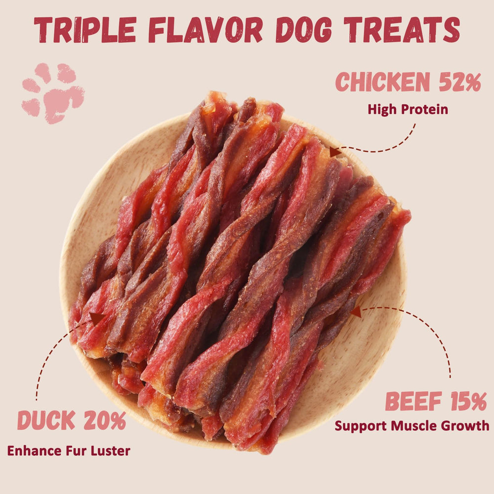 Pawmate triple-flavored dog treats close-up of twists highlighting chewy texture for training.