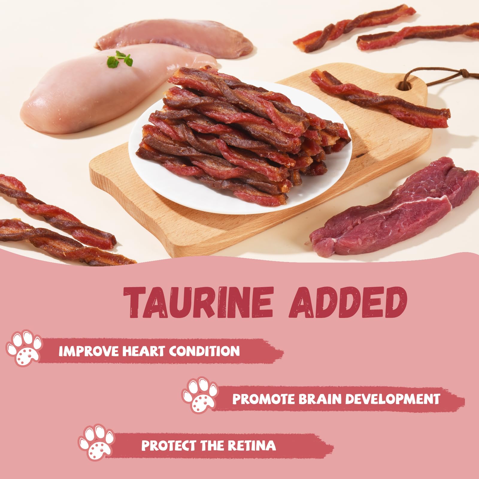 Pawmate triple-flavored dog treats grain-free formula shown for sensitive stomachs.