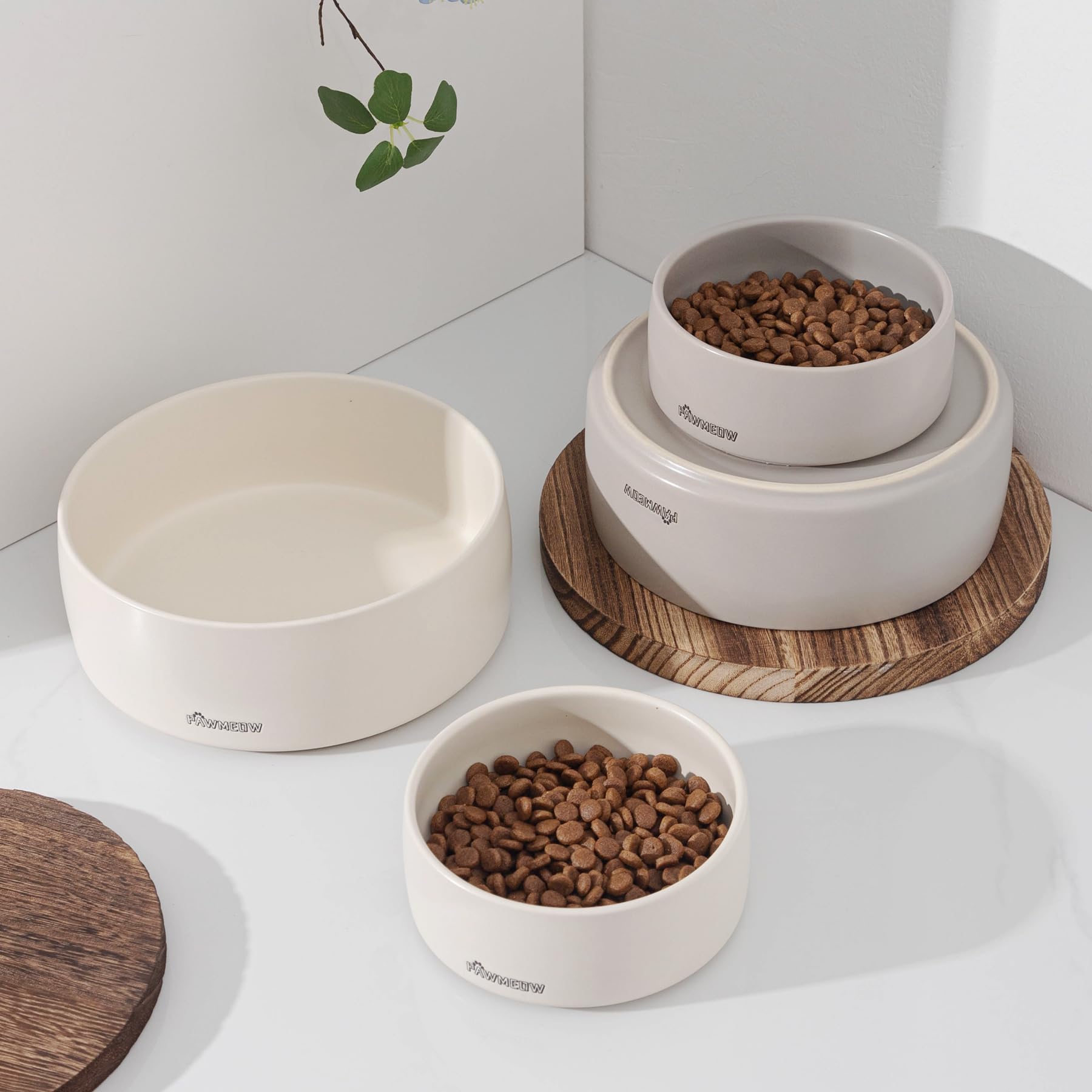 PawMeow ceramic bowl close-up indicates durable glaze that cleans easily.