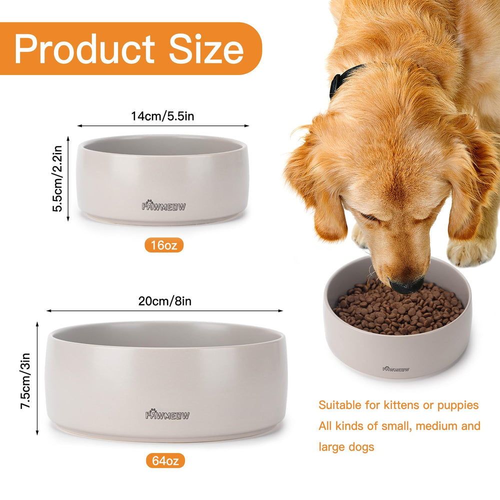 PawMeow ceramic dog bowl close-up highlights smooth glaze for easy cleaning.