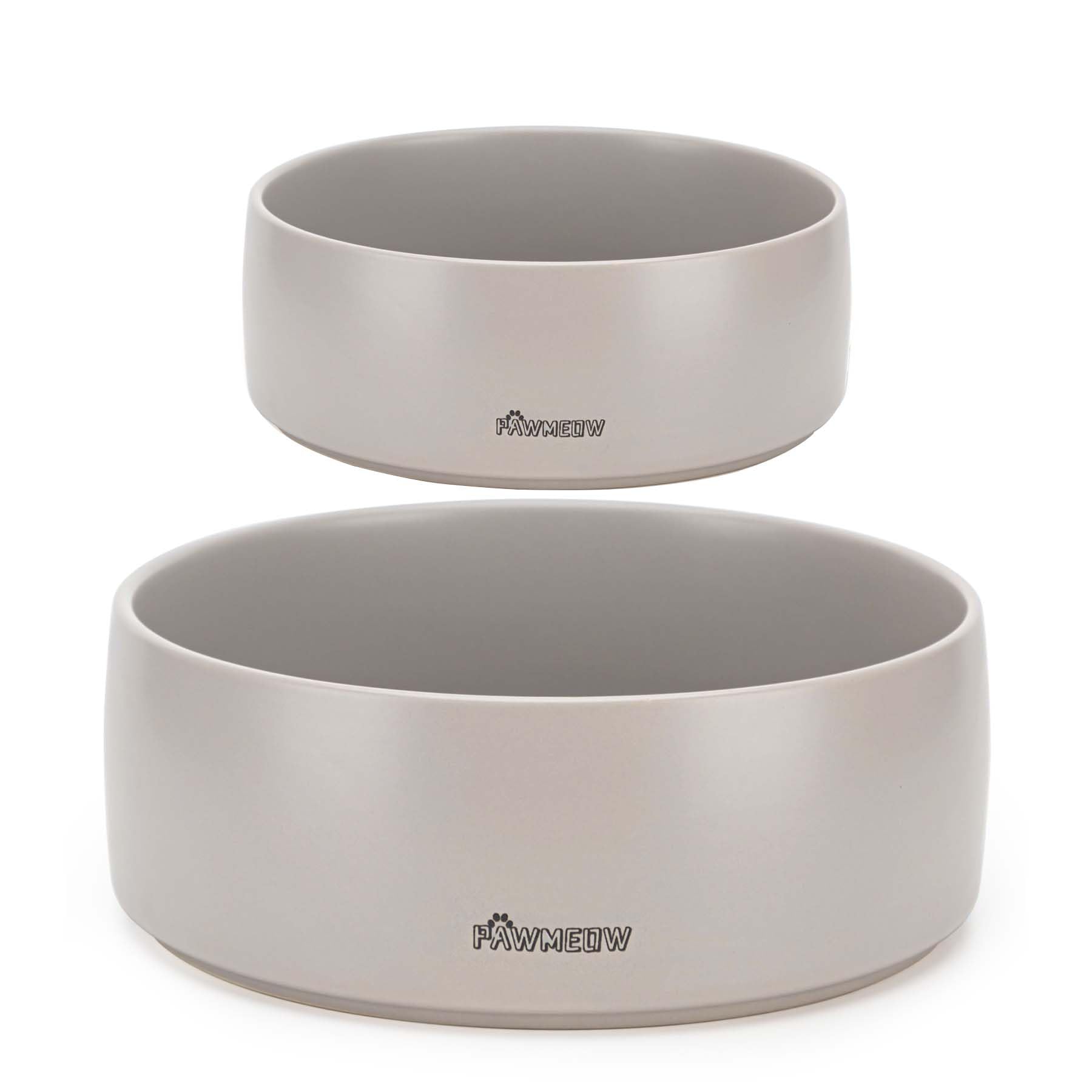 PawMeow ceramic dog bowl set gray two-piece pack, spill-resistant and durable.
