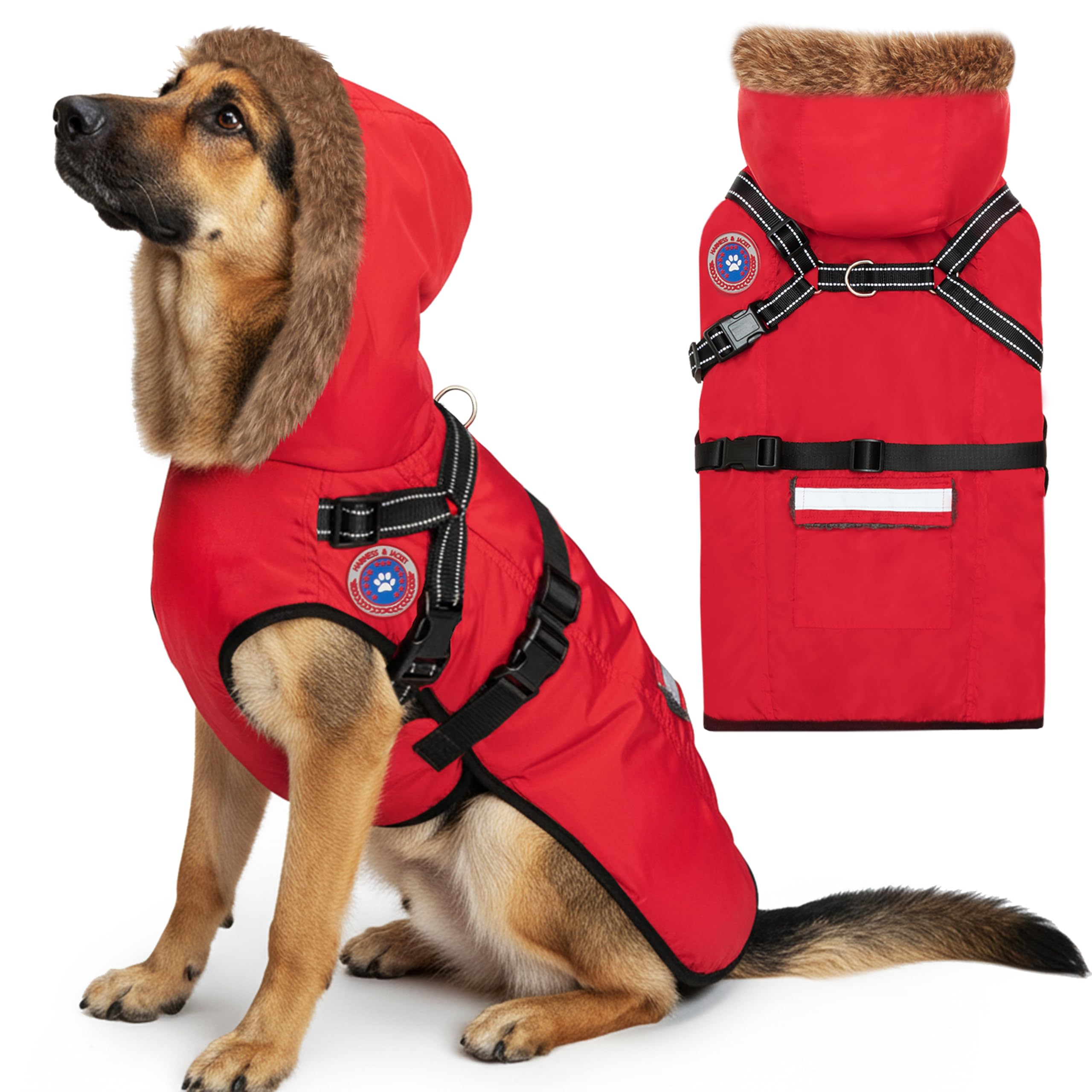 PAWNISAW dog winter coat with harness built-in, easy on-walk warmth for cold days.