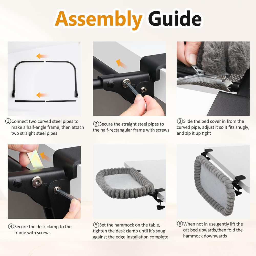 Pawow Cat Desk Bed clamp-close-up visual shows secure mounting and guard padding