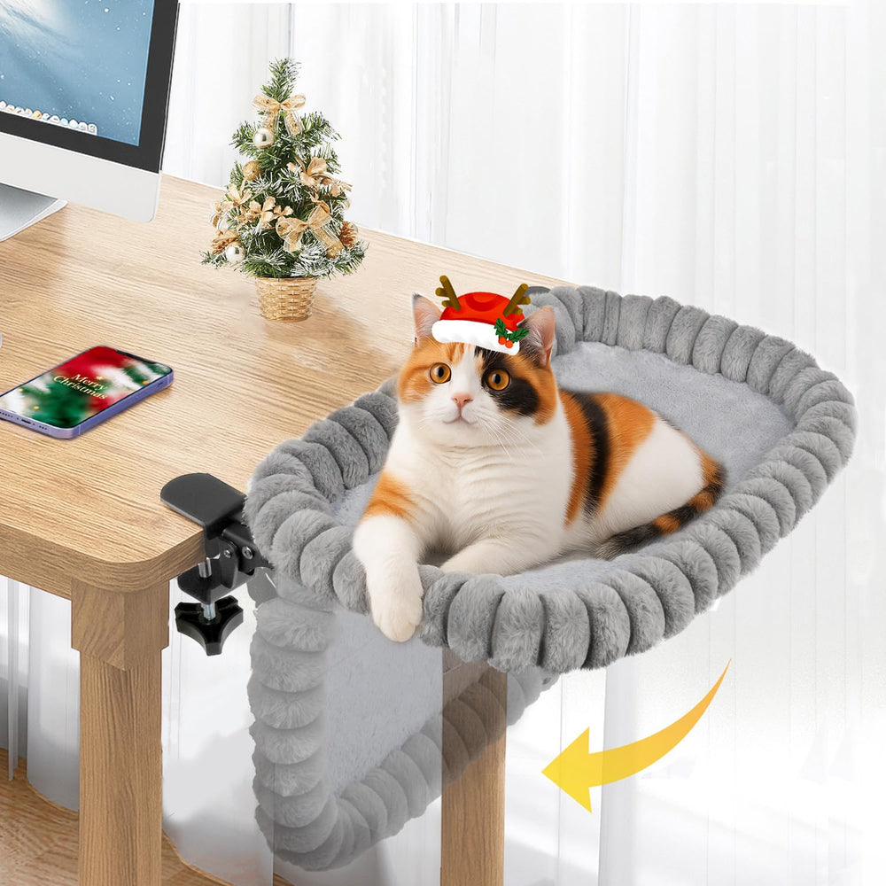 Pawow Cat Desk Bed folded 90-degree design illustrates space-saving perch beside your workspace