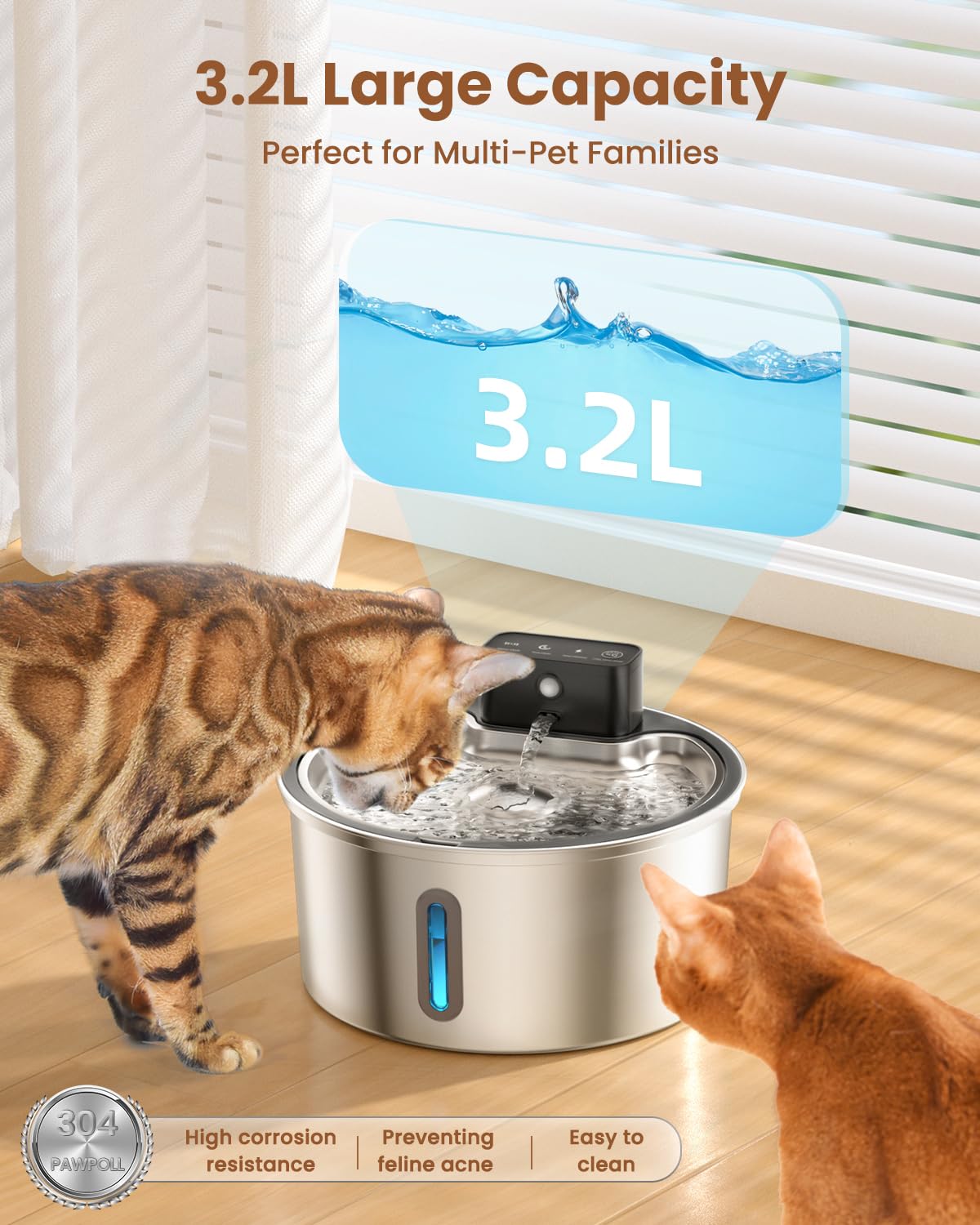PawPoll 108oz capacity fountain shows ample hydration for multiple cats