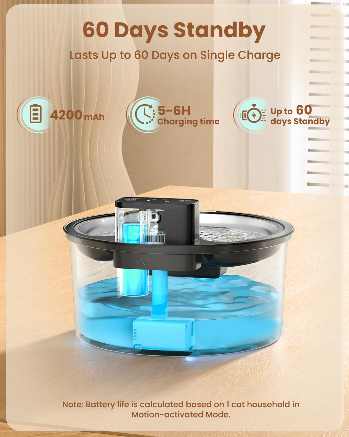 PawPoll wireless cat water fountain battery compartment highlights rechargeable power for portable use