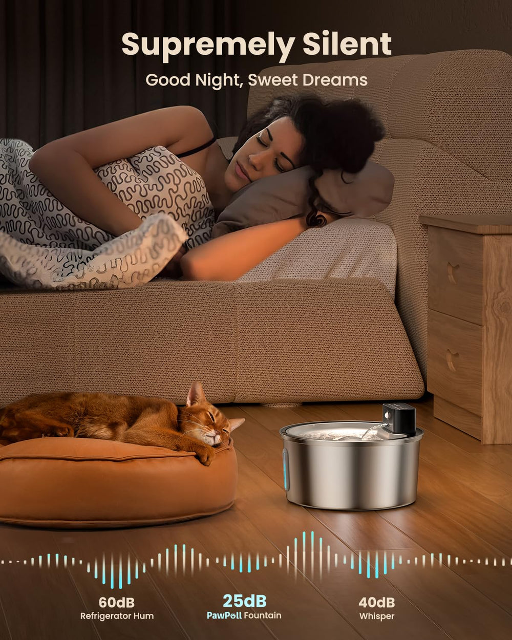 PawPoll cat water fountain quiet pump image suggests tranquil operation at night