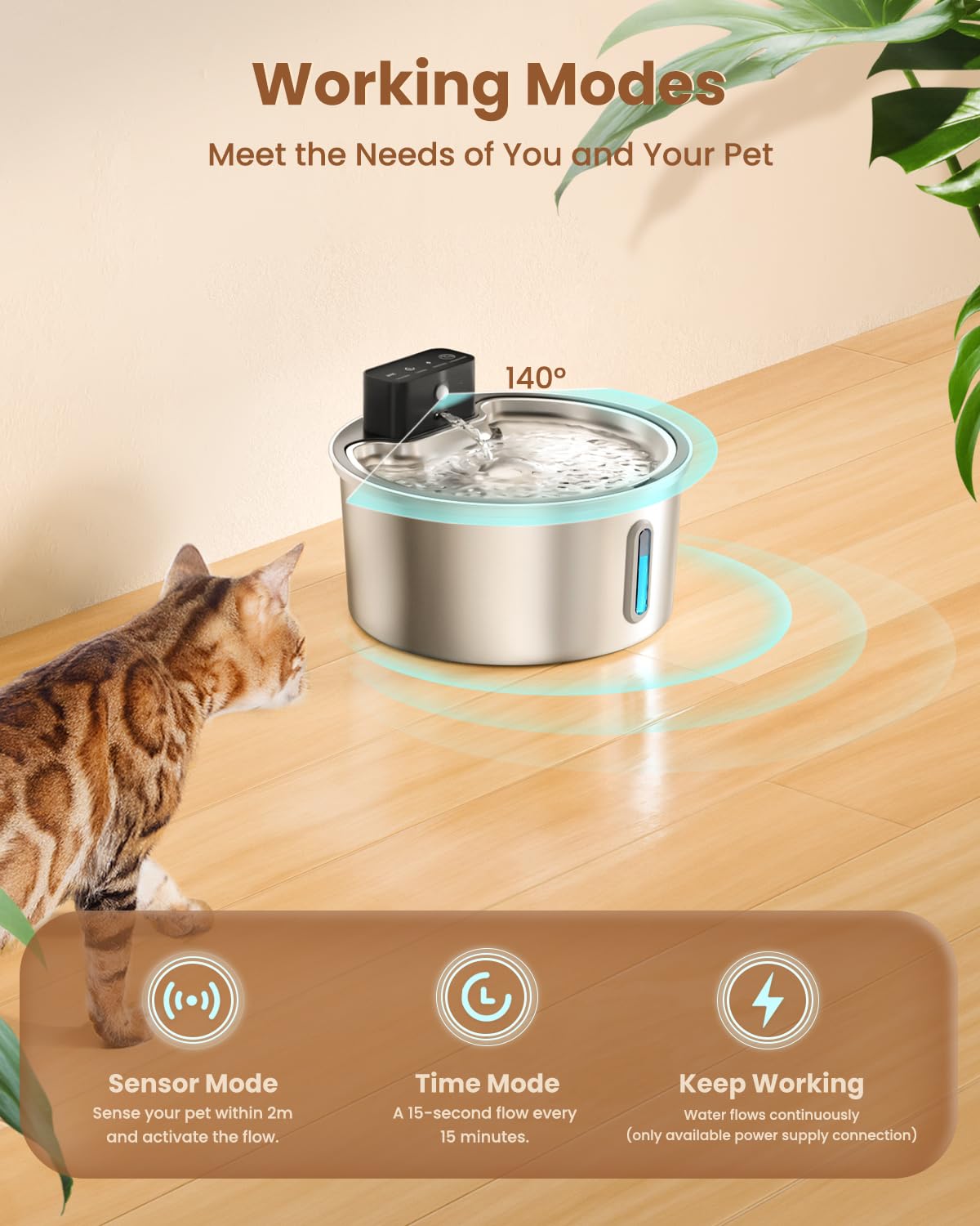 PawPoll wireless cat water fountain side view showcases ergonomic drinking height