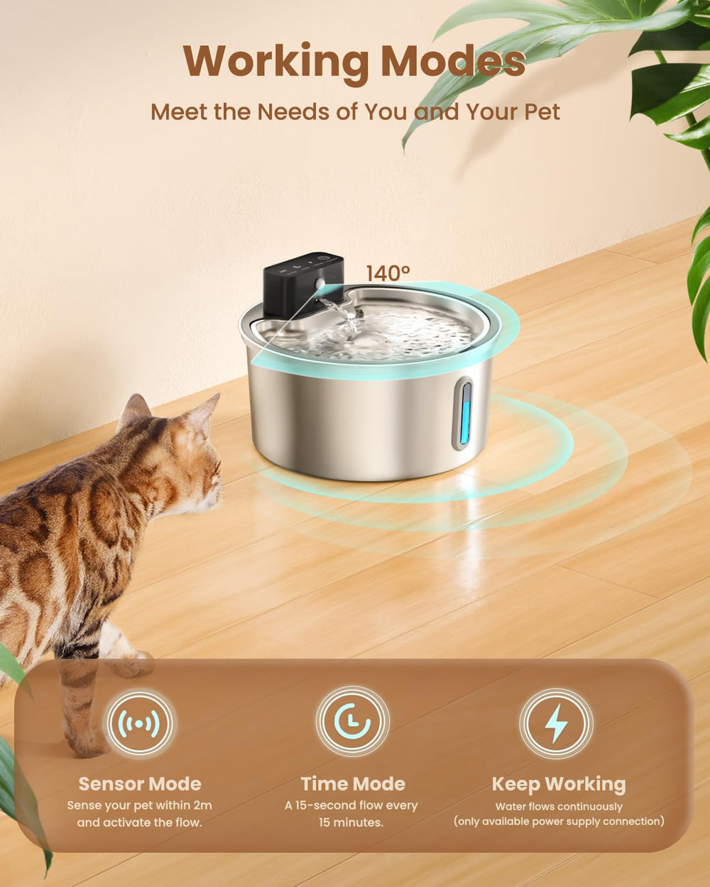 PawPoll wireless cat water fountain side view showcases ergonomic drinking height