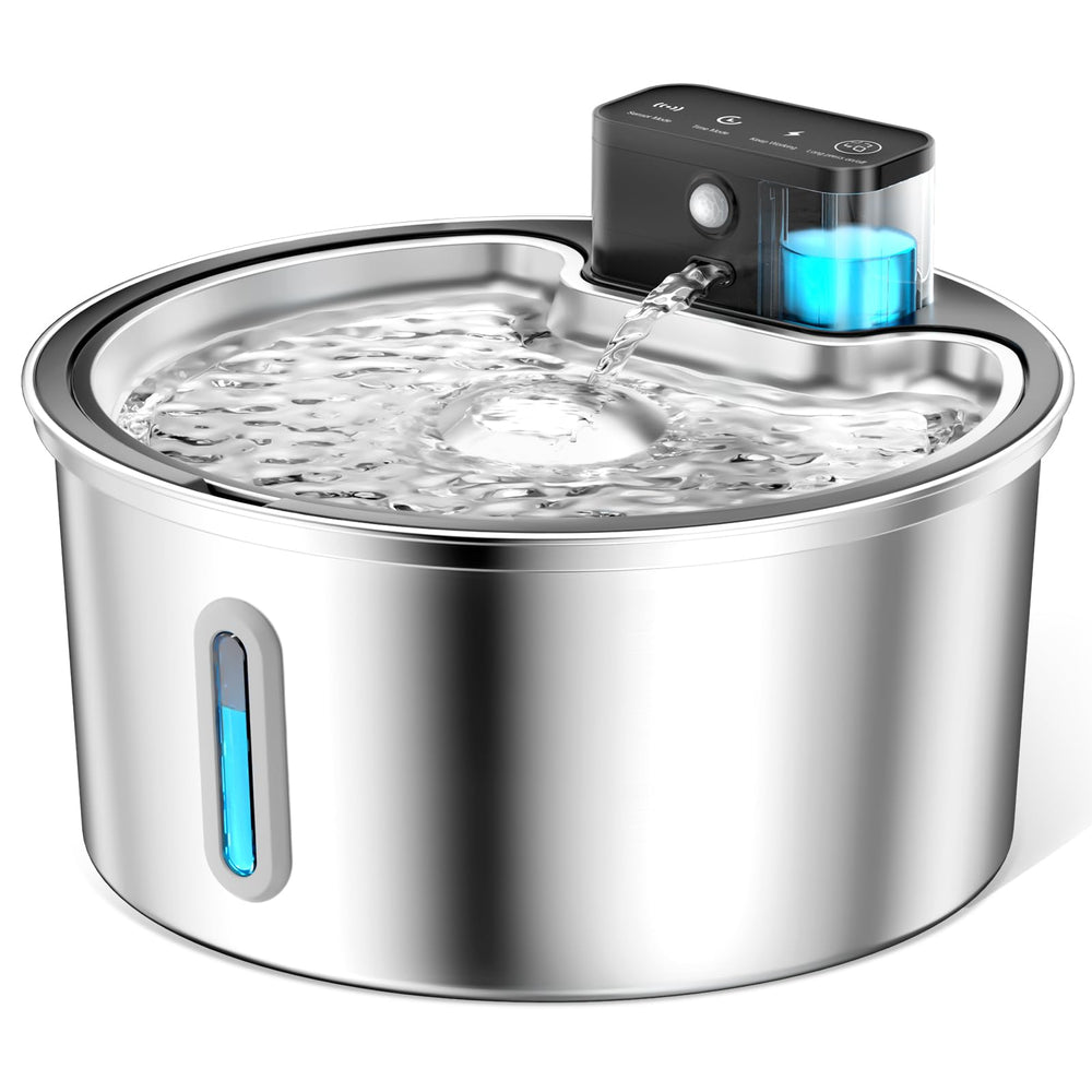 PawPoll wireless water fountain front view showing stainless steel surface for pets' hydration