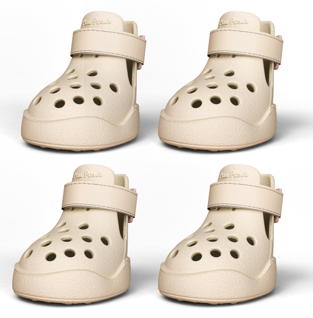 PawPosh dog shoes beige non-slip waterproof on pavement for secure outdoor walking.