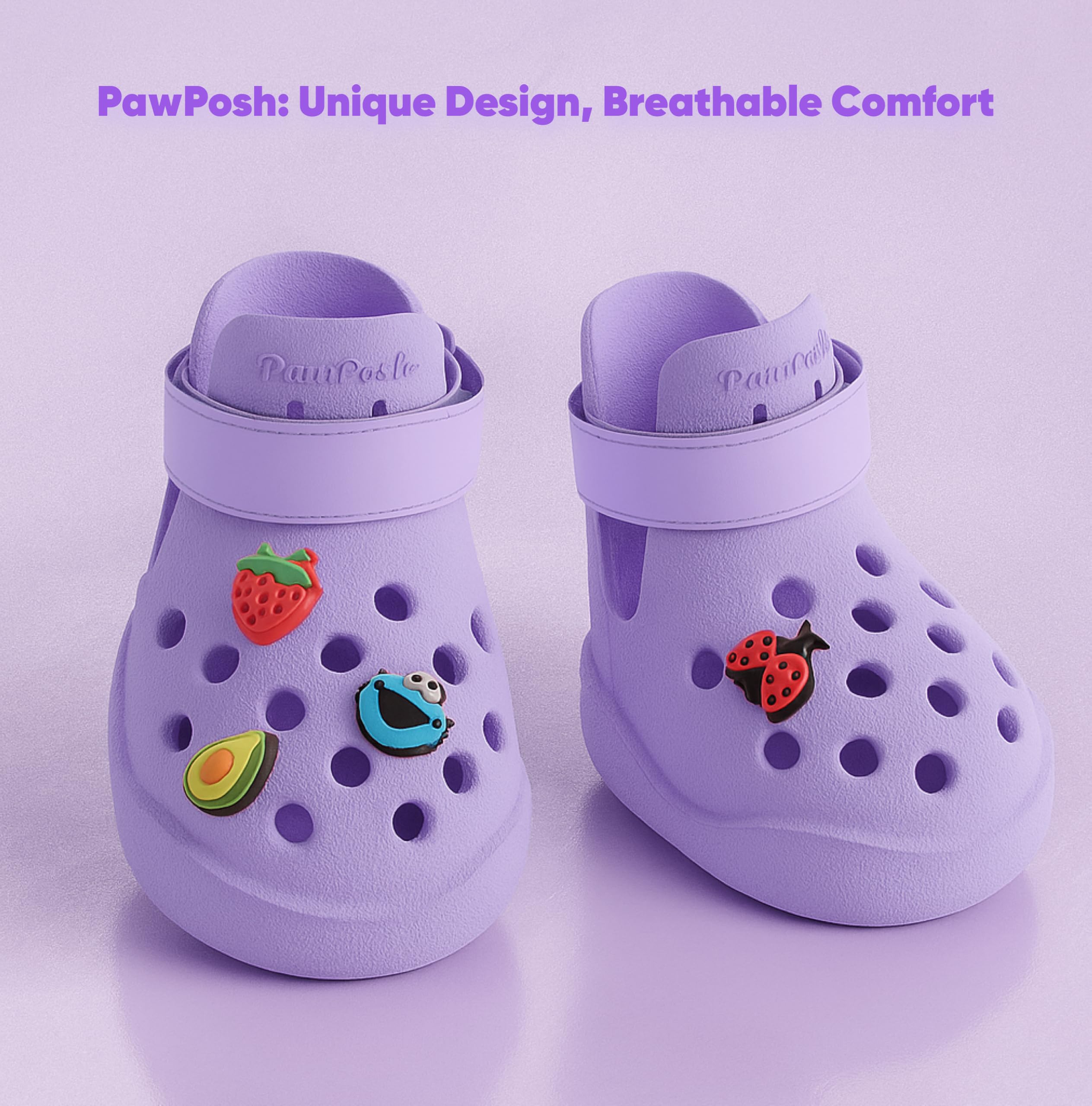 PawPosh dog shoes purple side view shows breathable ventilation perforations.