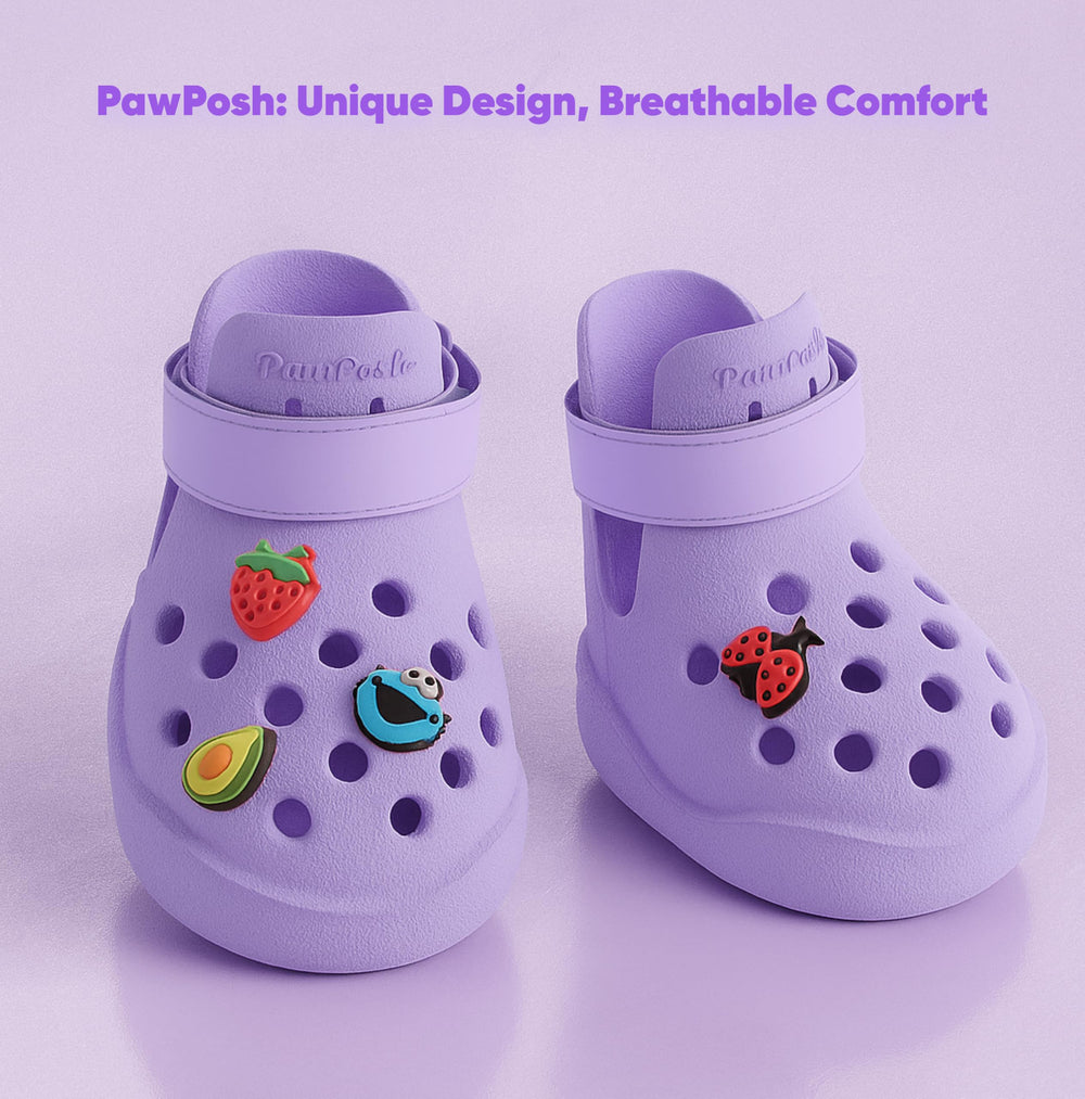 PawPosh dog shoes purple side view shows breathable ventilation perforations.