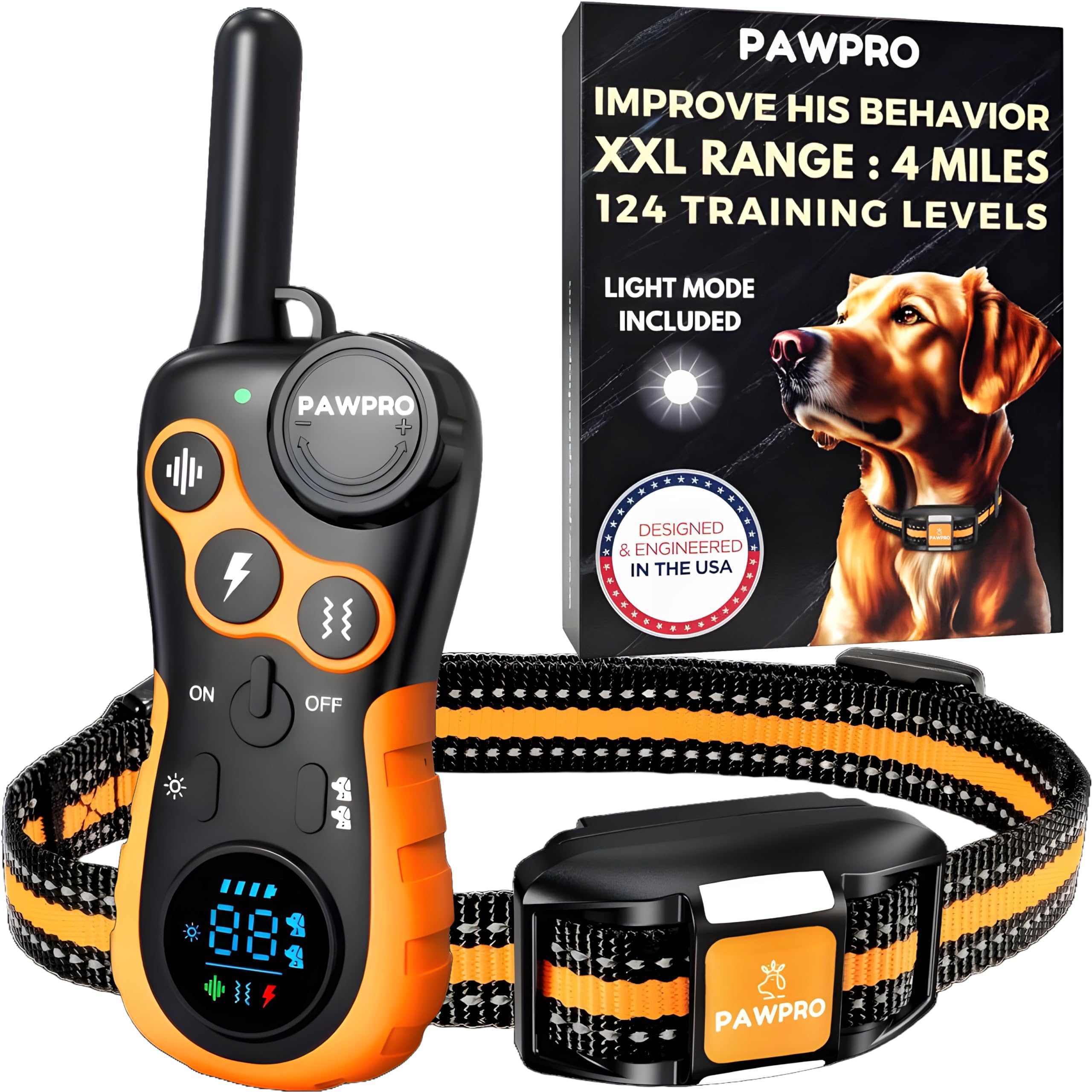 PAWPRO dog shock collar remote shown with adjustable settings for off-leash training