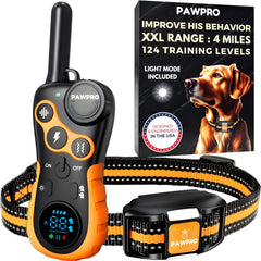 PAWPRO dog shock collar remote shown with adjustable settings for off-leash training