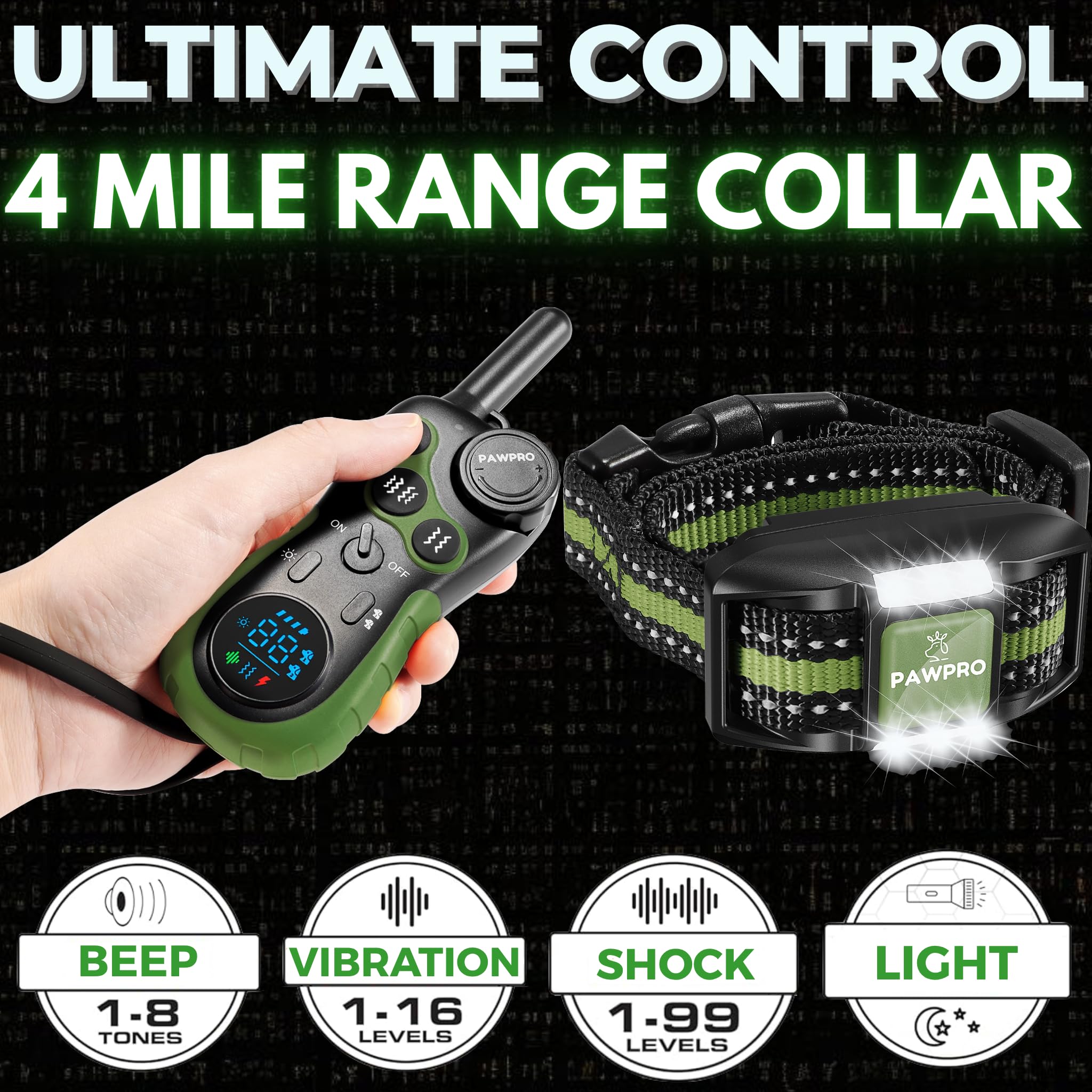 PAWPRO night-light mode on collar for safer nighttime training