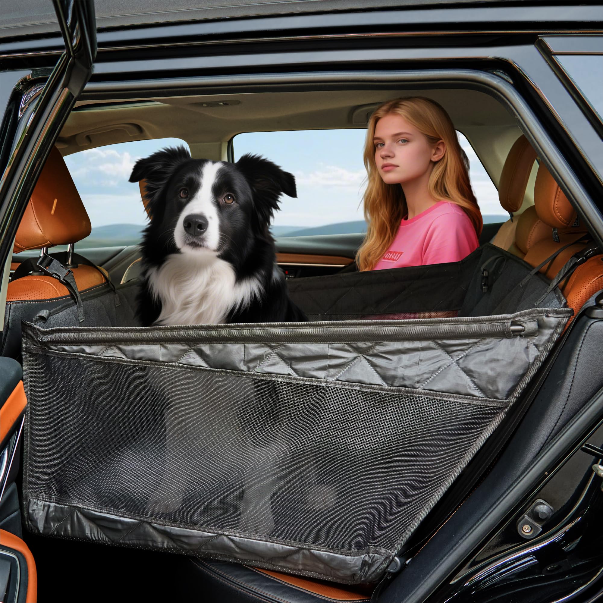 PAWPROVED large dog car seat cover back seat extender anchors securely to headrests for stable rides.