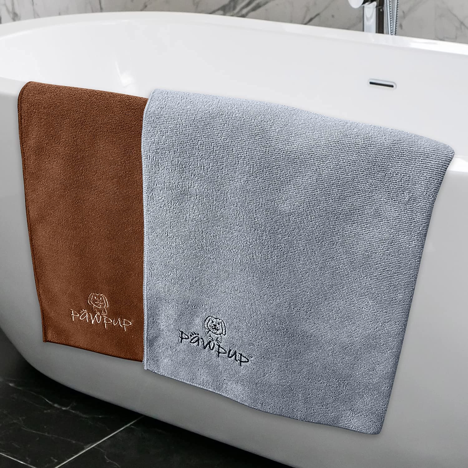 PAWPUP dog towel in grey demonstrates high absorbency for faster grooming sessions.