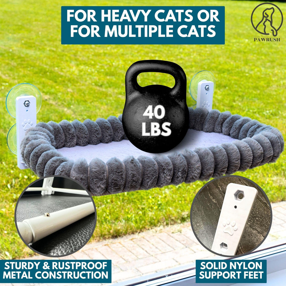 PAWRUSH cat window perch supports up to 40 lbs with rustproof frame.