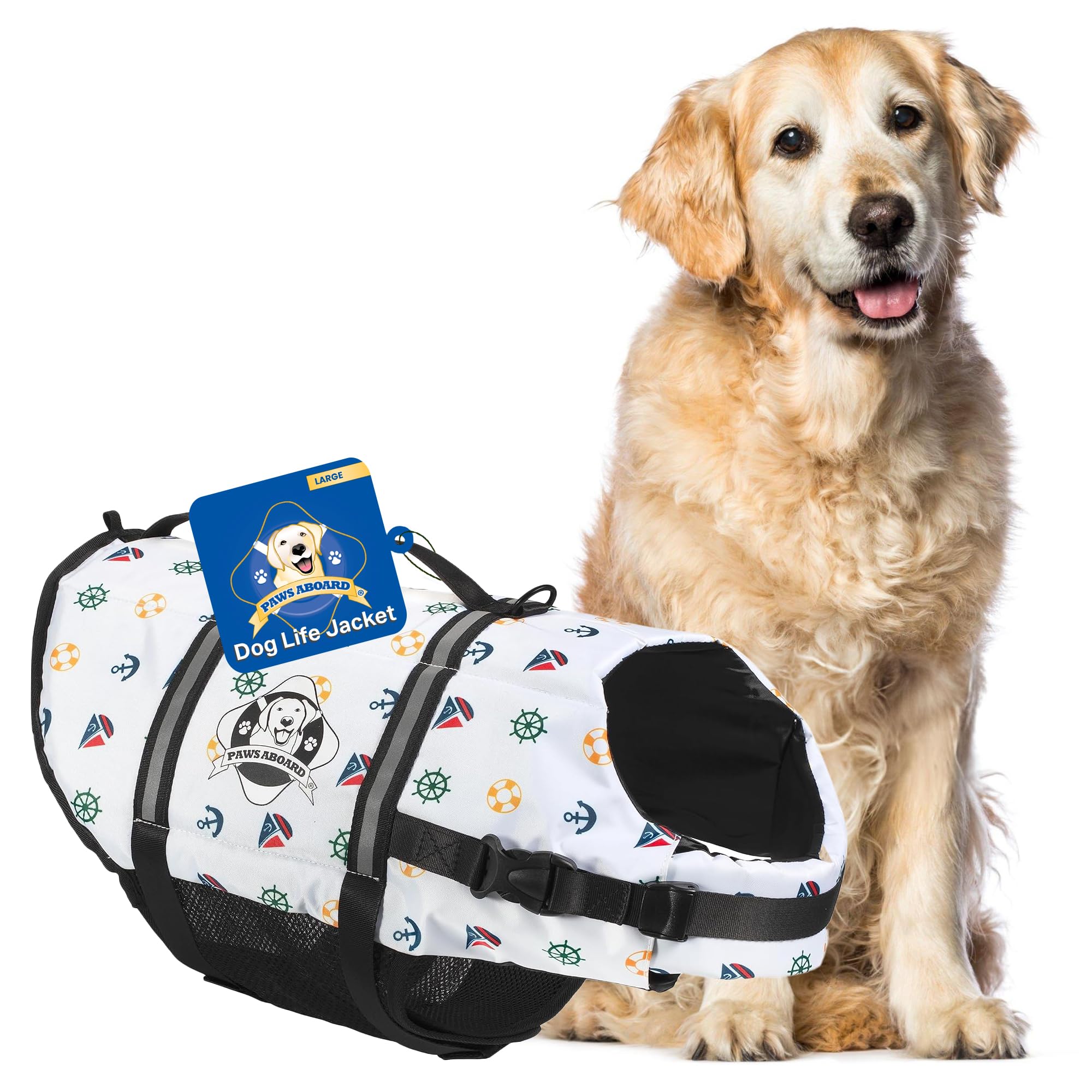 Paws Aboard dog life jacket close-up shows adjustable straps for a secure fit.